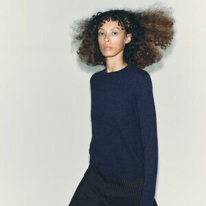 Zara 100% Cashmere Jumper Sweater Small Ink Blue Long Sleeve Crewneck NWT